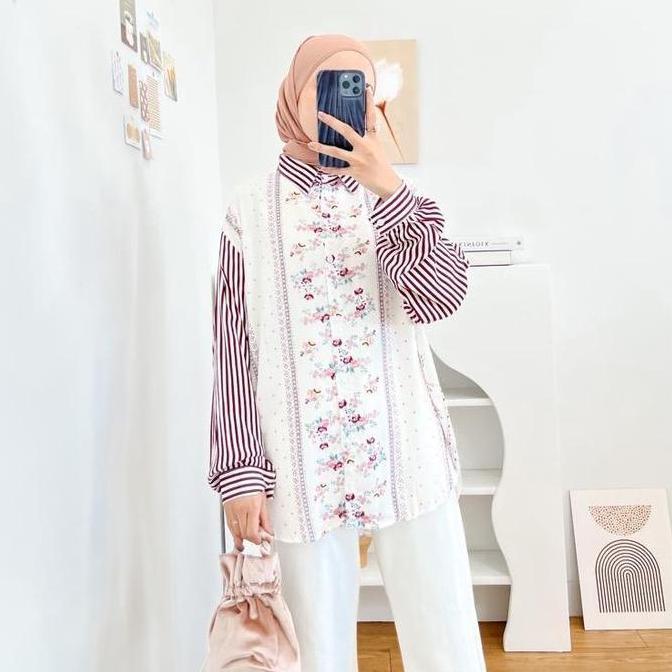 Bebasaja- -Kamyla Blouse Kemeja- Blouse Kemeja Oversize Kombinasi Motif Dan Salur || Rayon Premium |