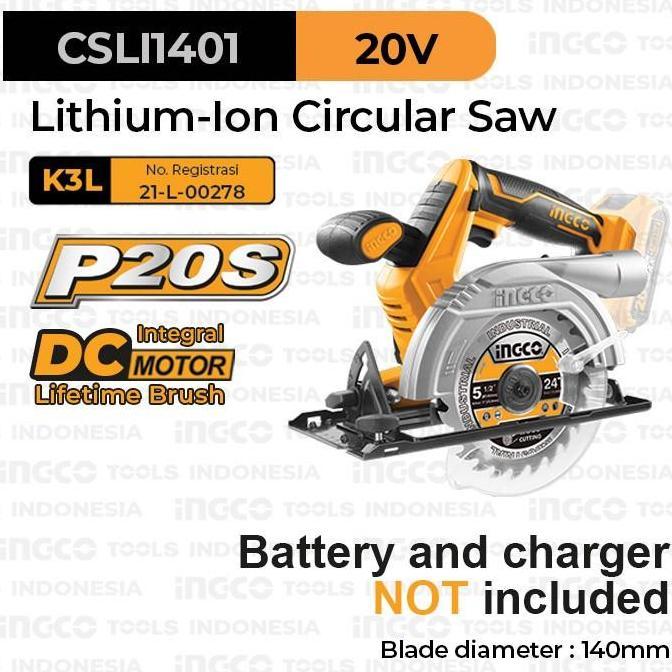 P20S Cordless Circular Saw (6") INGCO CSLI1401 - Mesin Gergaji Kayu Serkel 20 V