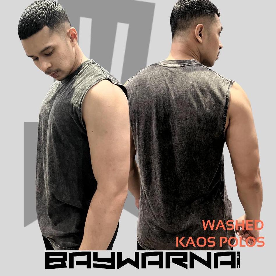 Baywarna Kaos Singlet Washed Polos Oversize Katun Combed24S Washed Unisex Singlet Polos Tshirt
