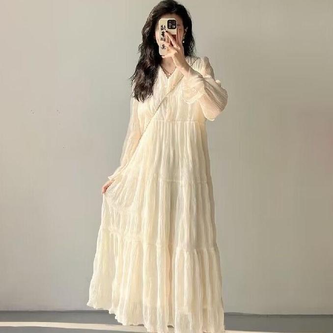 Youu- Gaun Nita Cream Sifon Lengan Panjang Rna Putih Casual Long Dress Home Dress Busui M505