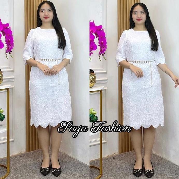 Youu- Midi Dress Brokat Putih Span Permata + Belt 5440 M18 Standar-Jumbo Baju Nita Casual