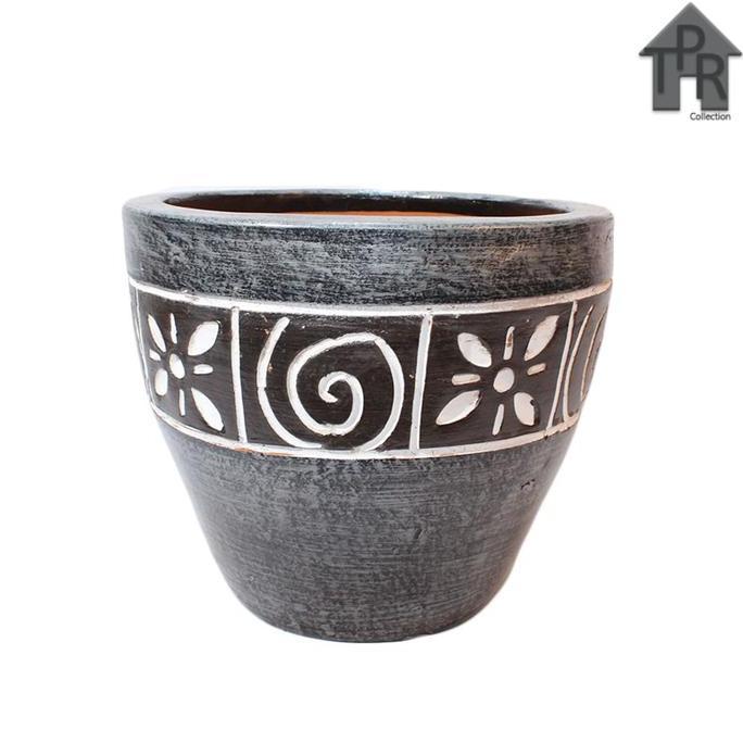 Pot Bunga Tanah Liat Ukir Spiral D30 - Pot Gerabah Besar Cat Duco