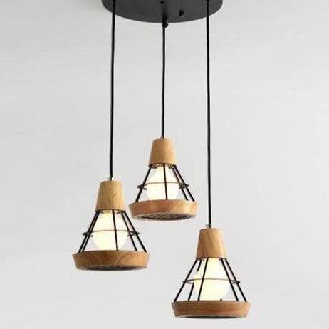 Kap Lampu Gantung Minimalis Retro Vintage Kayu  Bulat Isi 3 Lampu Gantung Aestetic, Lampu Gantung Be