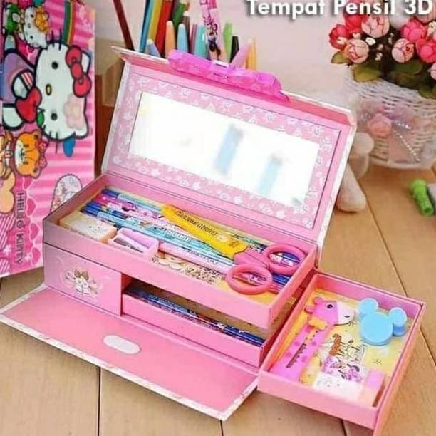 Stokready Cewek / Cowok Kotak Pensil Kode 3D Hologram Karakter Bt21 / Tempat Pensil Fancy 3 Susun / 