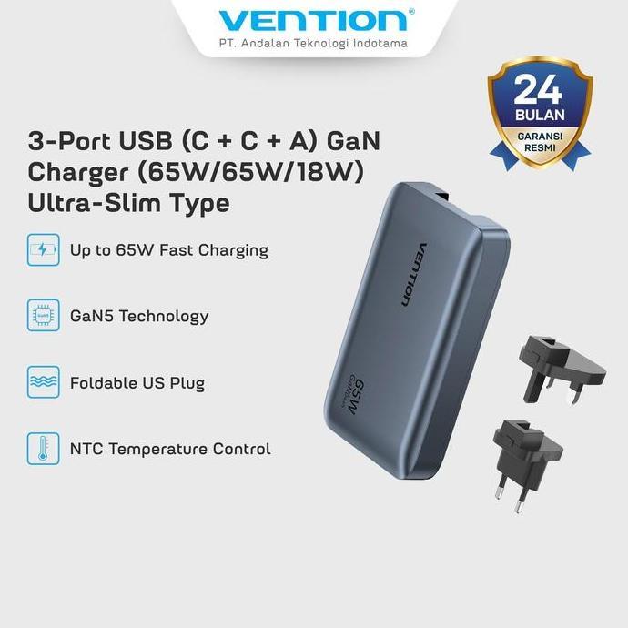 Vention Travel Adaptor 65W GaN Charger Ultra Slim Mini GaNdash GaN Dash Fast Charging Travel Charger