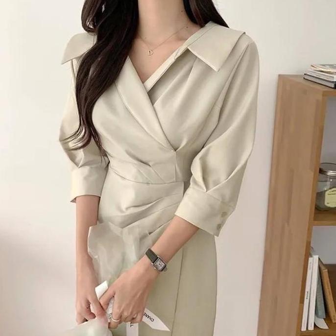 PROMO D1507 CHOSHI VINTAGE MIDI DRESS SIMPLE POLOS CASUAL FORMAL KANTOR PROMO
