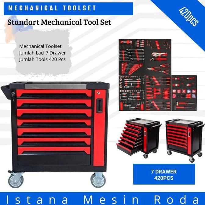 Terlaris Tool Box Trolley Cabinet + Tool Kit Set 7 Susun 420 Pcs 7 Drawer Tools Vastar Cabinet Drawe