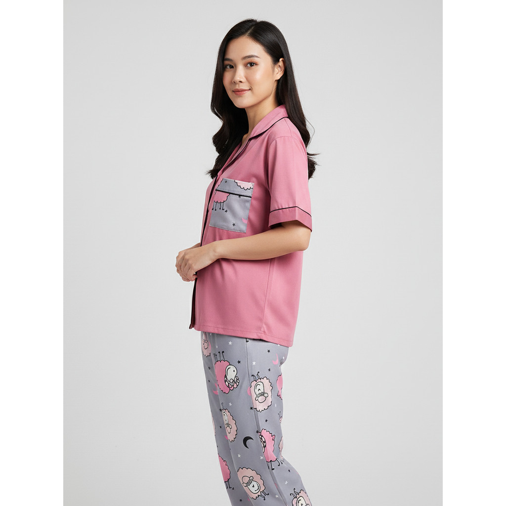 Setelan Baju Tidur Piyama Wanita Dewasa Lengan Pendek Motif Kombinasi