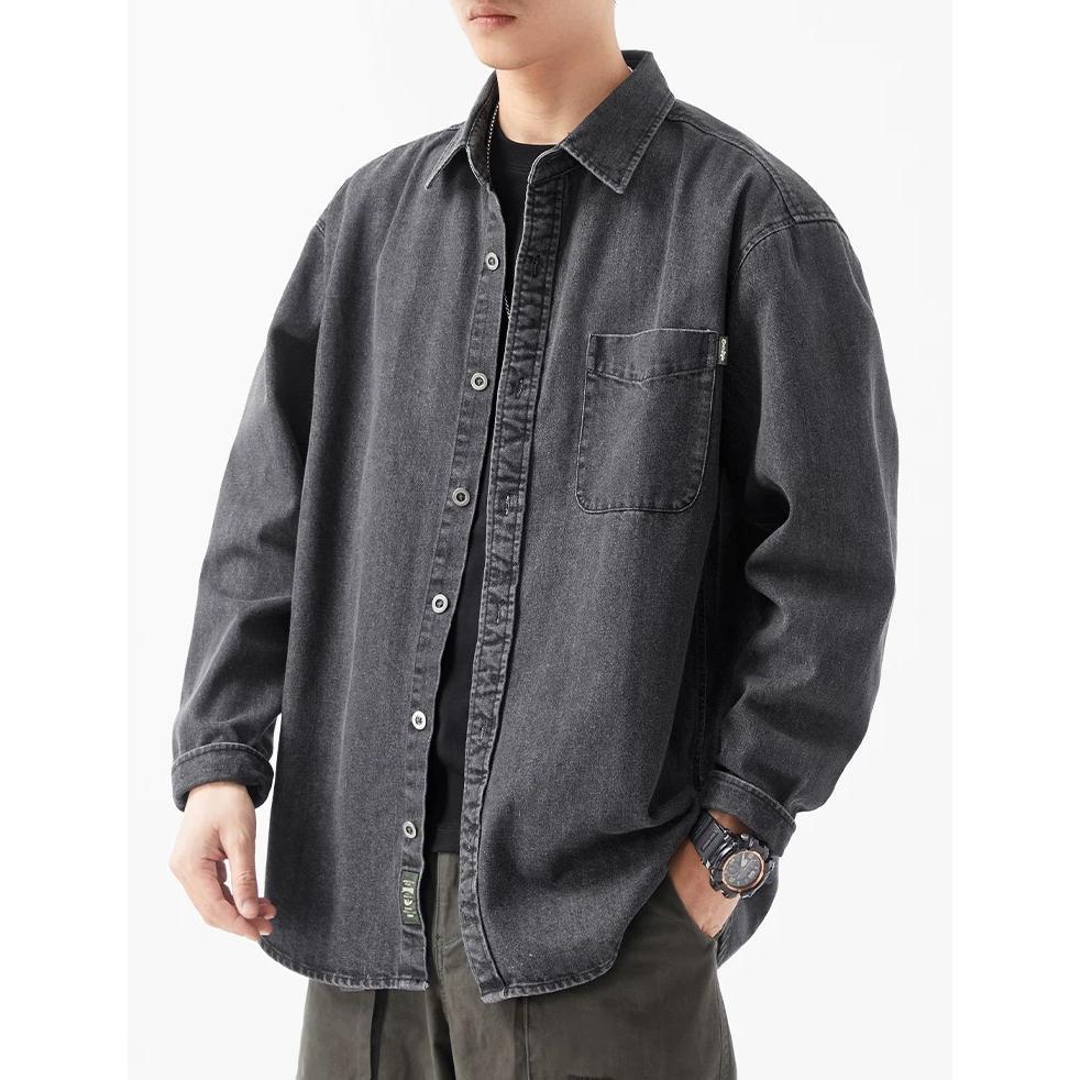 BESTPROMO JAKET KEMEJA DENIM JAKET LENGAN PANJANG PRIA KAIN DENIM BERKUALITAS TINGGI BIRU/HITAM