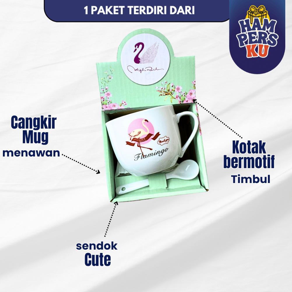 Free Ongkir Hampers Gelas Kopi Keramik Set Sendok Motif Flamingo Couple Free Box Eksklusif Estetik H