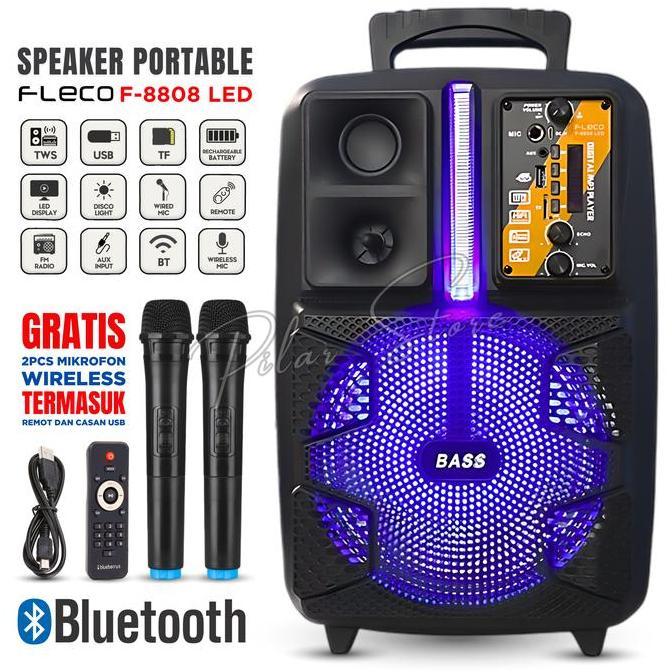 Speaker Aktif Bluetooth Full Bass Fleco F-8808 LED GRATIS ( 2PC MIC TANPA KABEL + REMOT + CHARGER US