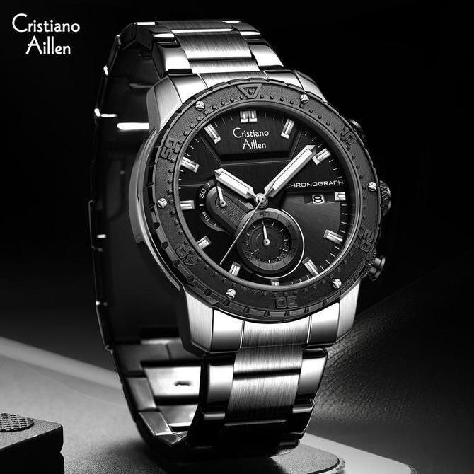 Clock- Cristiano Aillen Jam Tangan Pria Analog 8900 Rantai Stainless Steel Chronograph Kaca Sapphire