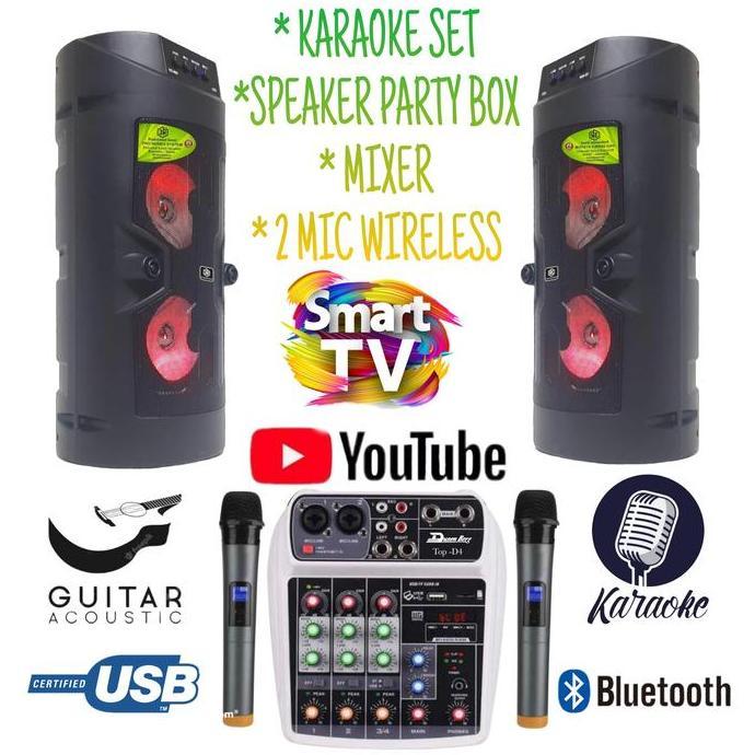 Karaoke Set Party Box Mini 3R Dobel Mixer Bluetooth 2 Mic Wireless