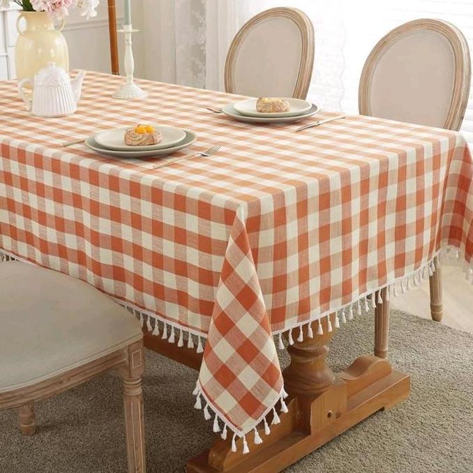 Taplak Meja Renda Rumbai Motif Kotak Besar Kain Katun