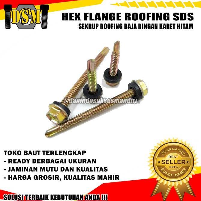 (50 Pcs) Sekrup Roofing Kuning #12X75 / Hex Flange Drilling Screw M5X75 / Baut Baja Ringan 7,5 Cm