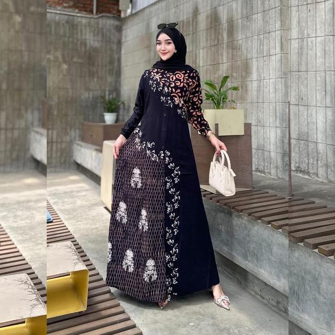 Arsy- Naya Batik - Gamis Twill Terbaru Pekalongan Cap Malaman Bukan Sablon Motif Garis Dress Muslim 