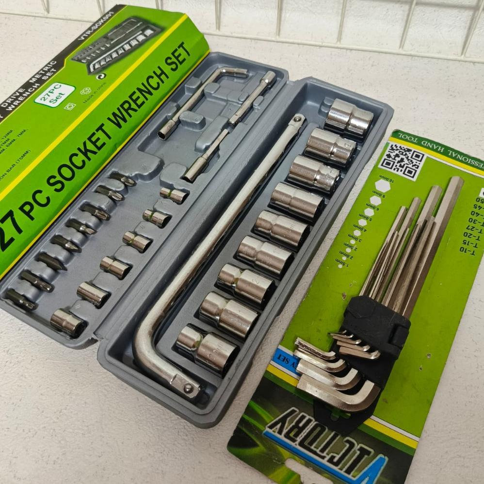 DISKON TEKIRO KUNCI T 4PCS 8-10-12-14MM + KUNCI SOK SHOCK 27PCS VICTORY + KUNCI L SET PANJANG 9PCS -