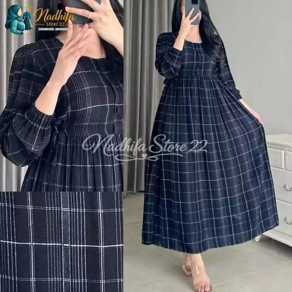 Original Terlaris Midi Dress Motif Kotak Aluna Gamis Katun Jumbo Kekinian Lembut Halus Dan Nyaman Di