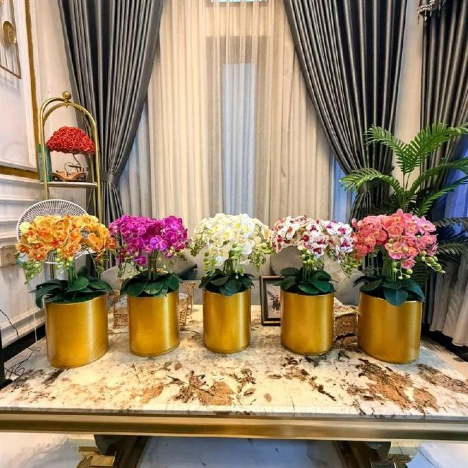 Anggrek S cabang 12 VAS KAYU tinggi Gold BUNGA
