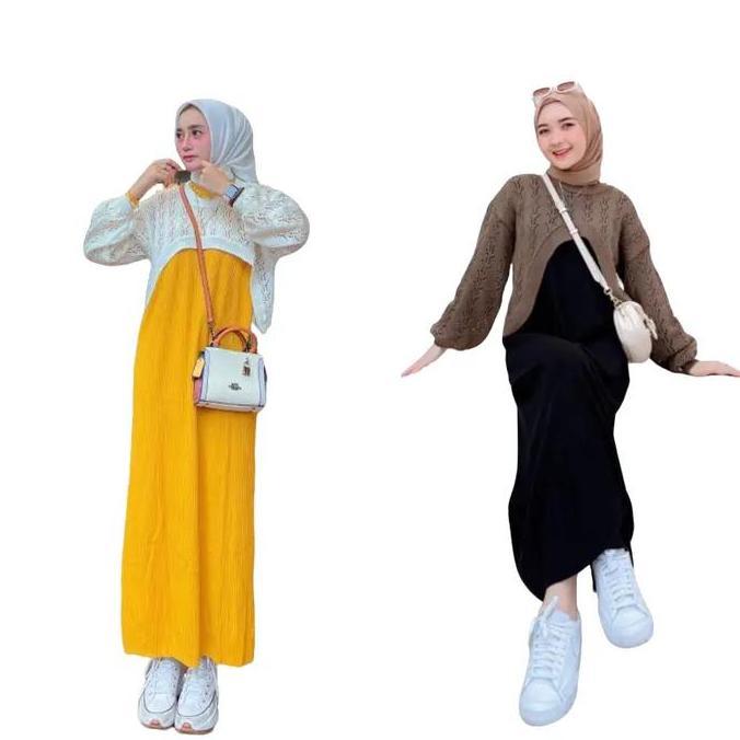 ONE SET INNER DRESS - BAJU STELAN WANITA BAHAN RAJUT - 2 IN 1 INNER+outer hitam outer hitam melar Pa