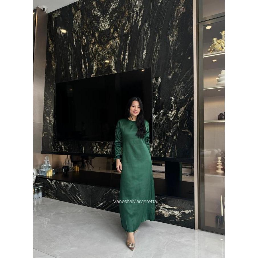 VM - READY bb 45-65kg LD 100cm - Dress satin full kerut lengan 832# Baju Casual Panjang Wanita Gaun
