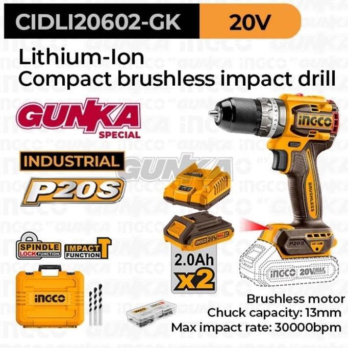 OK INGCO CIDLI20602-GK CORDLESS IMPACT DRILL BRUSHLESS 13MM BOR TEMBOK //