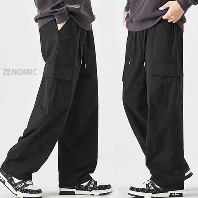 Celana Panjang Cargo CARPOL Oversize Pria Black Baggy Loose Pants Korean Style Barrel Pants Skena