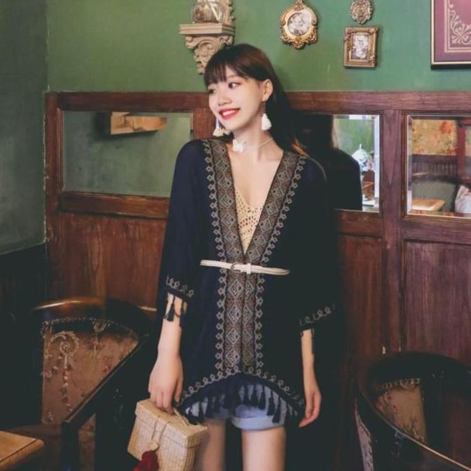 Outer Kimono Boho Bohemian Kardigan Cardigan Lengan Panjang Tassel