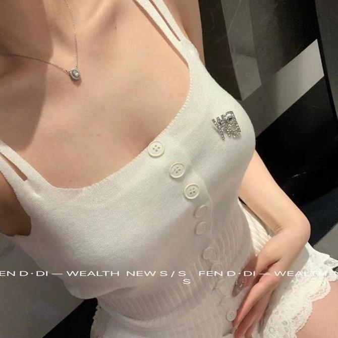 Lokal Premium Atasan Rajut Full Kancing Lengan Tali Dengan Pin Bros Untuk Wanita Dewasa Blouse Knit 
