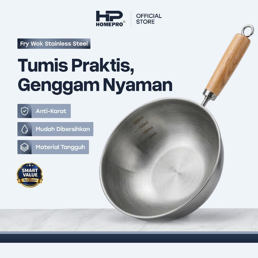 HomePro - Fry Wok Stainless Steel - Wajan Gagang Kayu Tebal Anti Karat