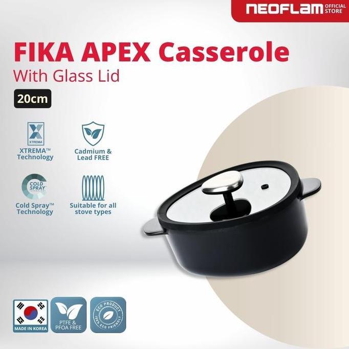 NEOFLAM FIKA APEX Casserole 20cm with Glass Lid Black- Panci Anti Lengket & Tahan Gores, Ceramic Coa