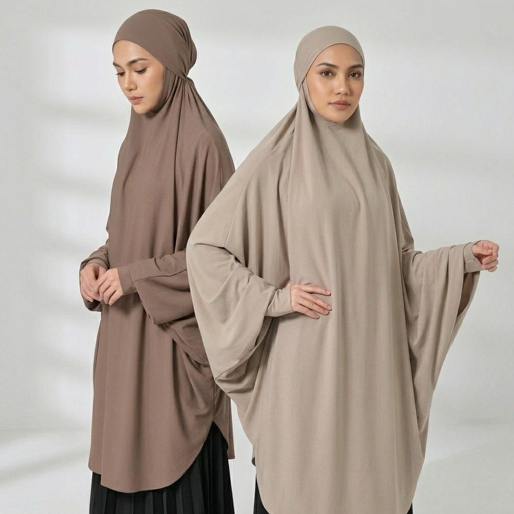 Super Jilbab Instan Syari Jumbo Hijab French Khimar Lengan, Cadar Lepas Pasang & Tali Belakang