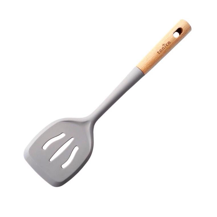 Tanica Silicone Wood Slotted Turner Sw-77 / Spatula Sodet Gagang Kayu