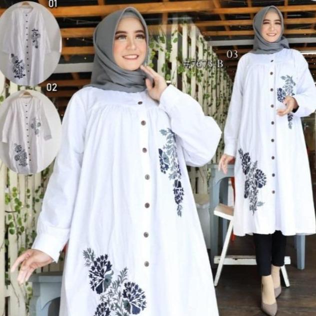 Zata- Long Tunik Putih Jumbo Ld 130 Cm Model Bordir Kekinian - Nora Tunik