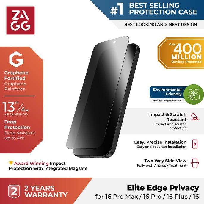 ZAGG Tempered Glass Elite Privacy Compatible For iPhone 16 Pro Max / 16 Pro Screen Protector
