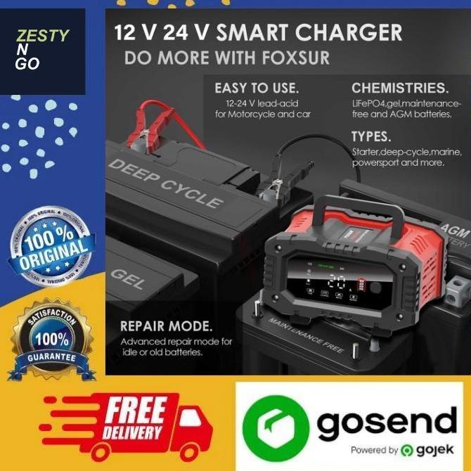 // FOXSUR CHARGER BATERAI AKI MOBIL MOTOR PORTABLE 20A 300W 12/24V *