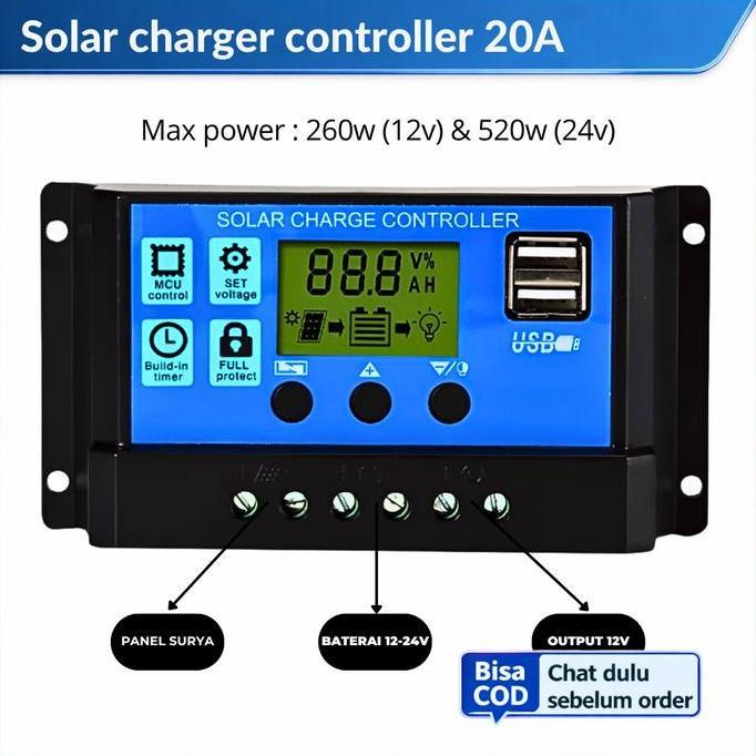 Solar Charger Baterai Aki Controller 20A Solar Cell PWM 2 USB 12V-24V Kabel Power Diskon