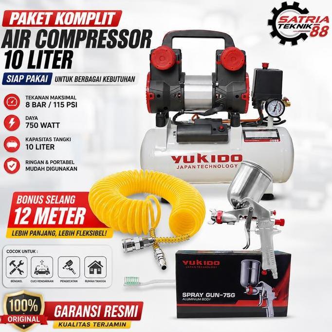 PAKET HEMAT ALAT SERVICE DAN TUKANG CAT YUKIDO KOMPRESOR 10 LITER SILENT,YUKIDO SPRAYGUN F75G TABUNG