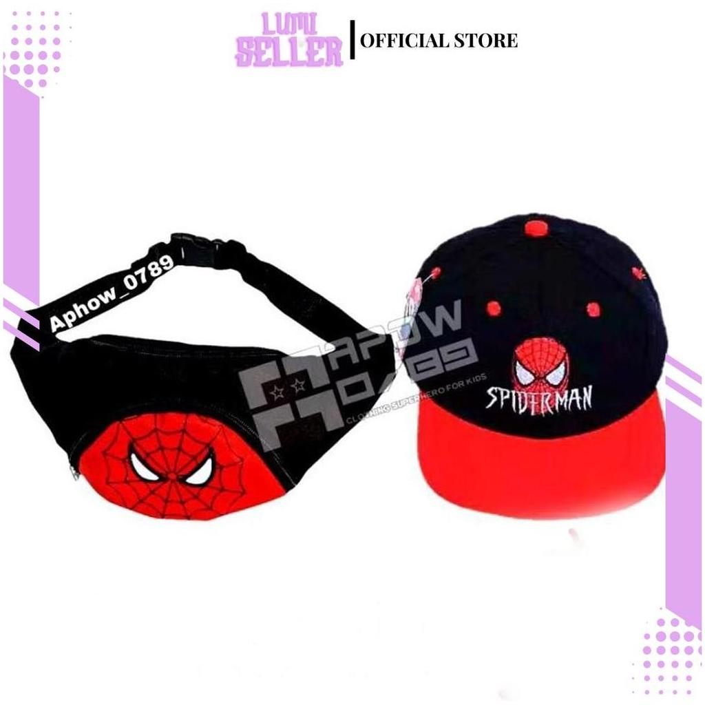 Waistbag anak canvas karakter spiiderman 2 in1 - tas + topi GD Ori