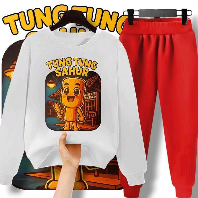 Boy- Setelan Anak Panjang Tung Sahur Anomali Joger Polos Merah Putih Baju , Baju Olahraga Anak Sekol