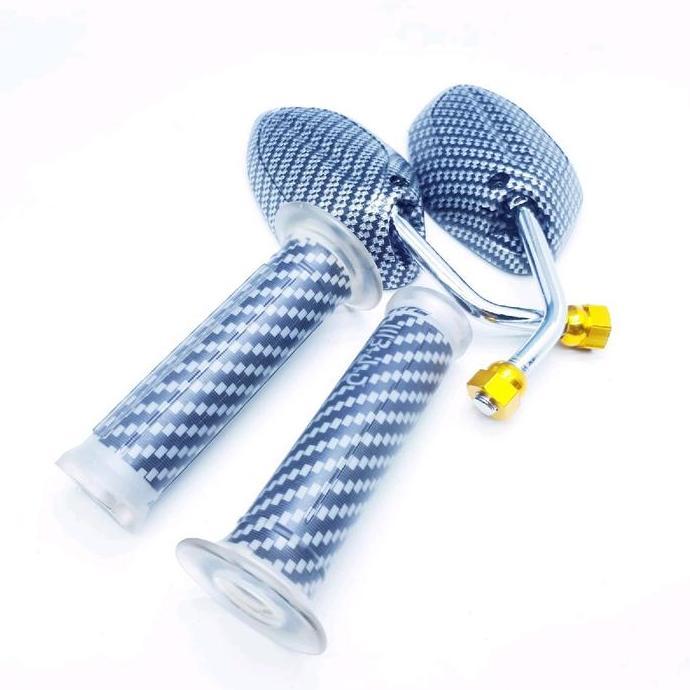 Paket 2Item Kaca Spion Honda Beat Mini Karbon Chrome Mini+Handgrip (Nps) Carbon Abu-Abu (Spion Sama 