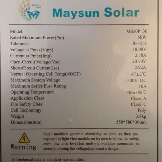 Solar Panel Poly 50WP Maysun Solar