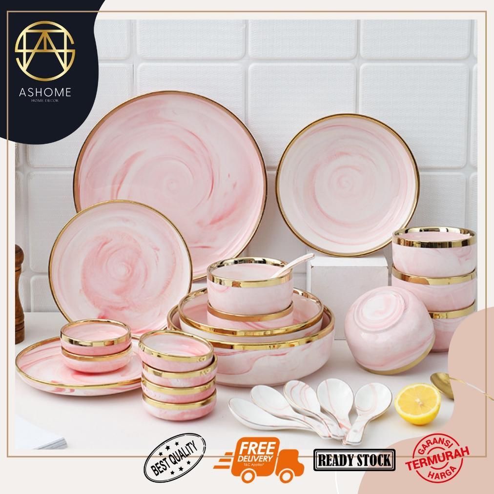 Piring Keramik Pink Marble List Gold Elegan / Piring Keramik Motif Marmer Pink List Emas Elegan Mewa