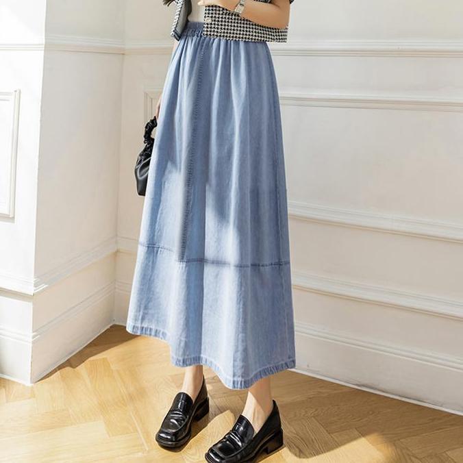 Dwikifajar99 - 2219# Denim Skirt Rok Wanita Summer Retro Loose Splicing Mid-Length Elastic Waist Cas