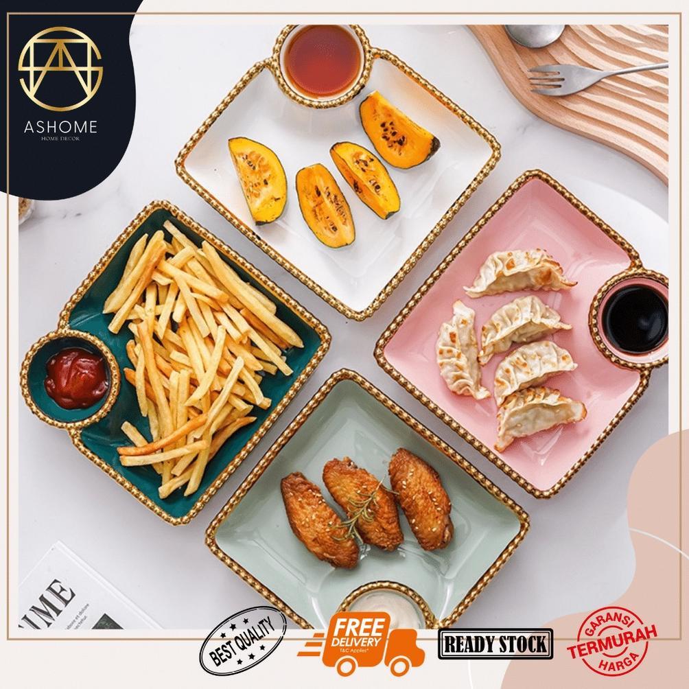 Piring Keramik Kotak Dengan Sekat Tempat Saos Elegant List Gold Mewah / Piring Saji Keramik Sekat Li