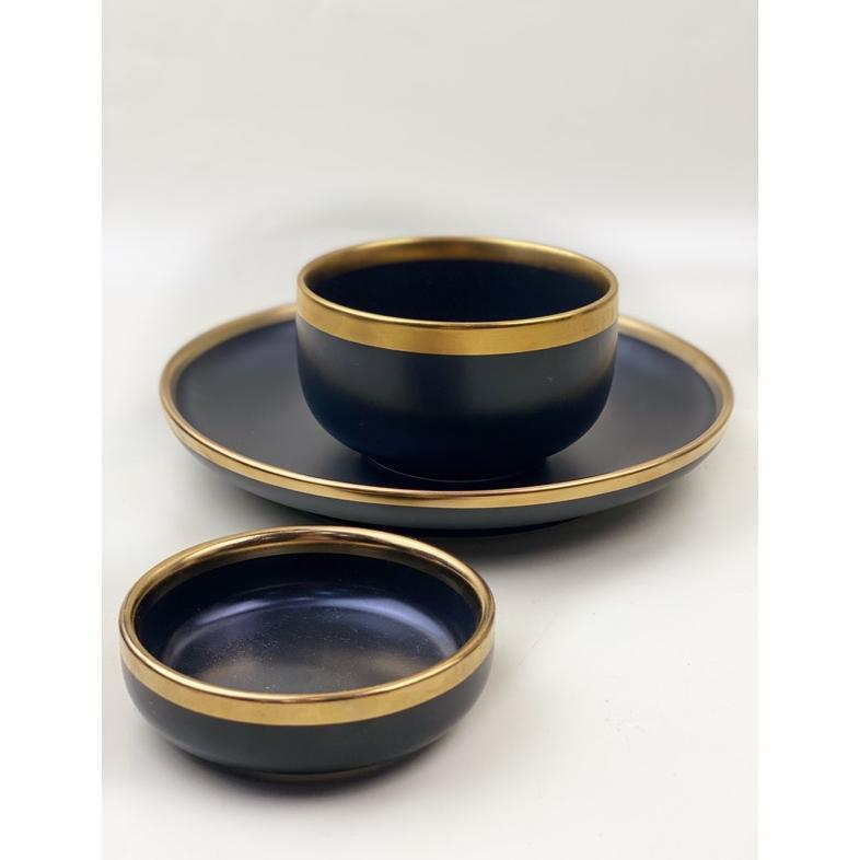 Piring Set 1 Orang Piring Makan Set Keramik Black Gold Isi 3 Pcs / Piring Set Keramik List Emas / Pi