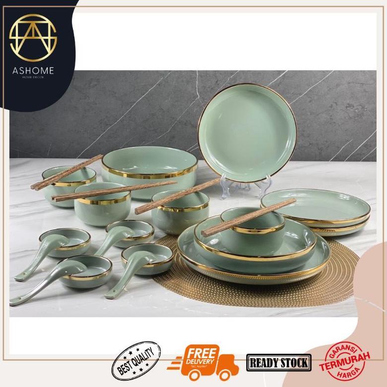 Piring Set 4 Orang Piring Makan Set Keramik Light Green Isi 18 Pcs / Piring Set Keramik List Emas / 
