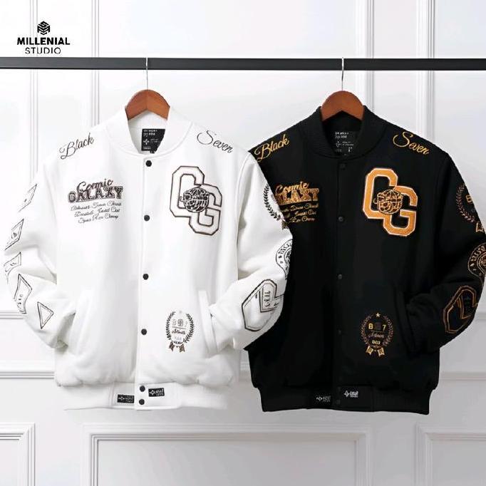 Varsity Jacket Cosmic Galaxy Full White Blackseven | Jaket Couple Pria Wanita | JAKET BASEBALL COTTO