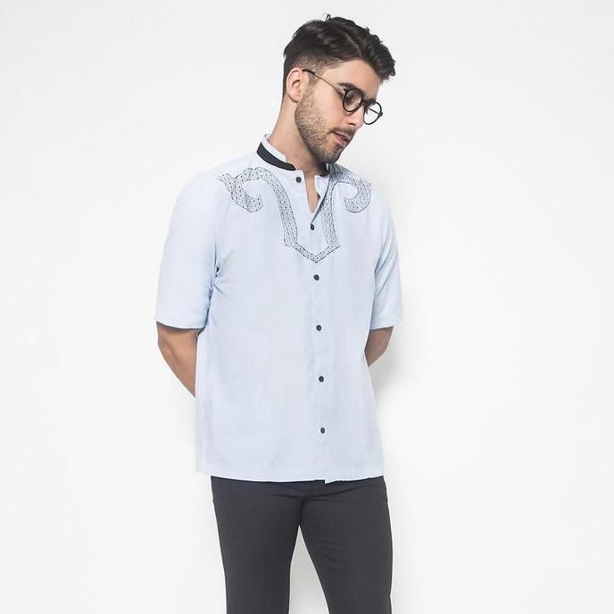 Limited, Lgs - Baju Koko - Regular Fit - Lengan Pendek - Motif - Kerah Shanghai - Baju Muslim Pria D