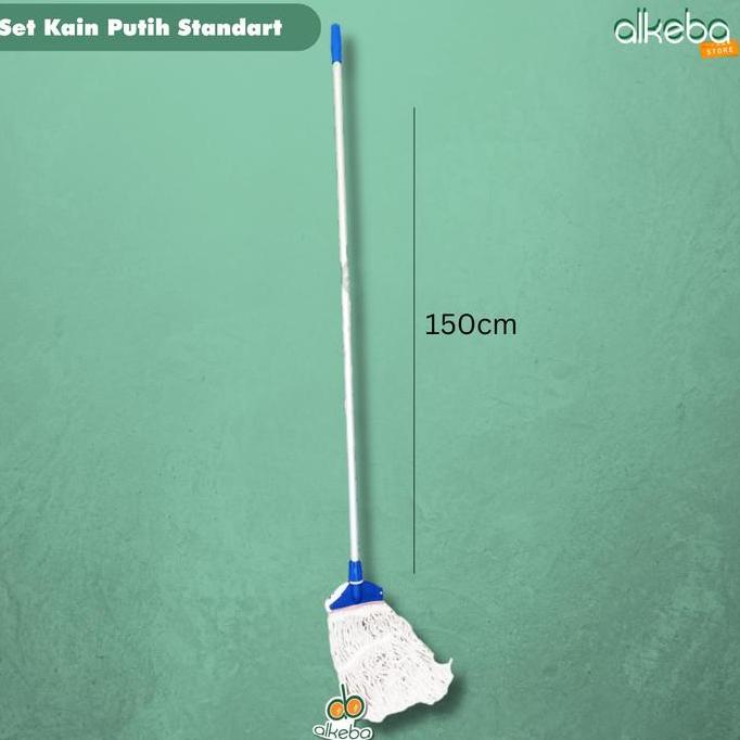 Mop pel Set Komplit kain putih standar / tongkat + frame mop + kain - pel set tarik dorong